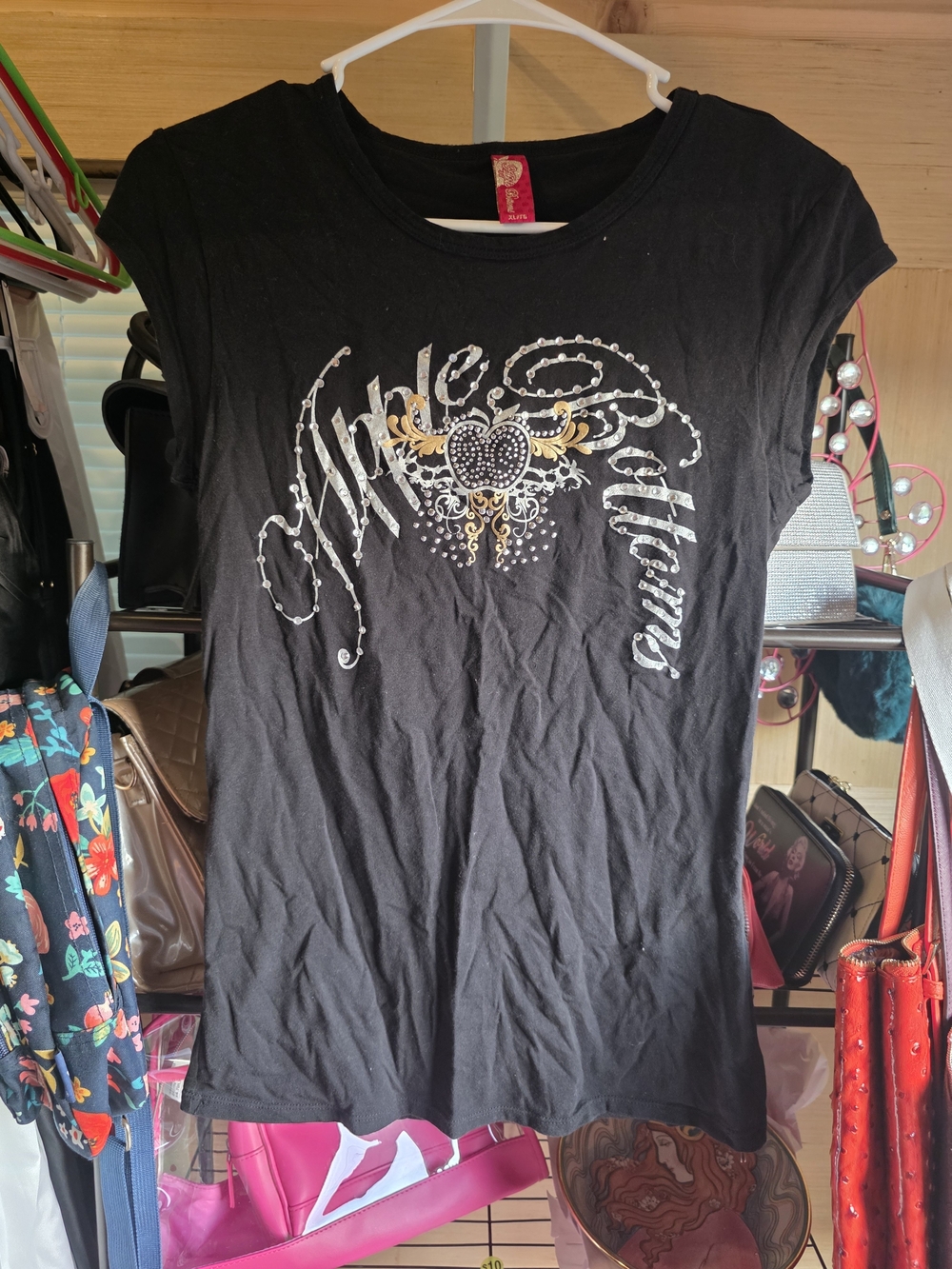 Apple Bottom Black Short Sleeve Embellished Heart Graphic Tee